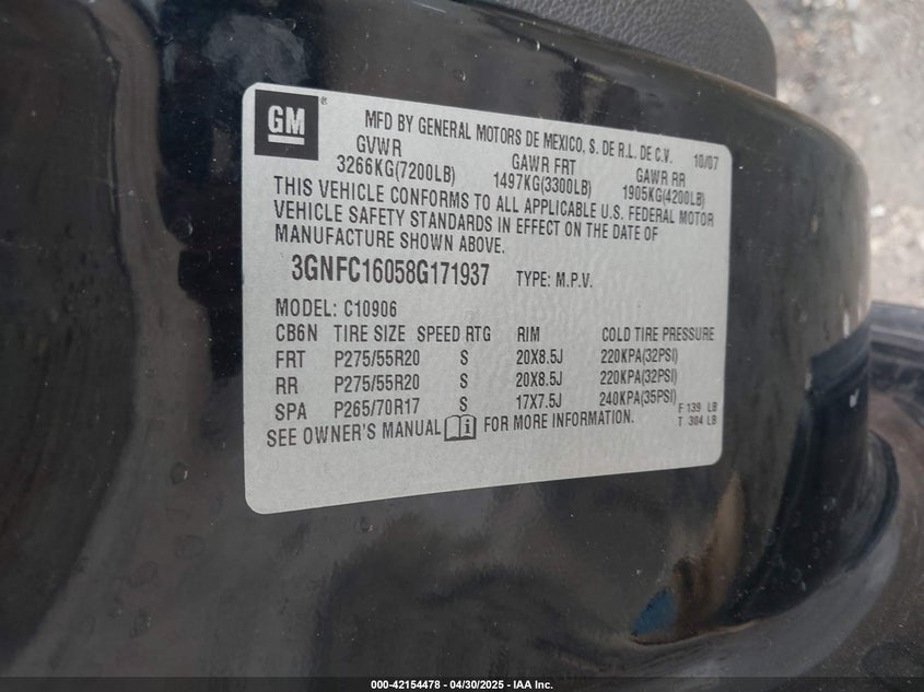 2008 CHEVROLET SUBURBAN 1500 VIN: 3GNFC16058G171937