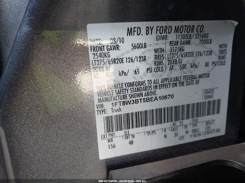 2011 Ford F-350 Lariat VIN: 1FT8W3BT5BEA10670 Lot: 42154536