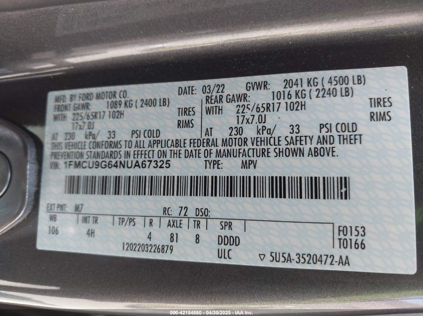 2022 Ford Escape Se VIN: 1FMCU9G64NUA67325 Lot: 42154580