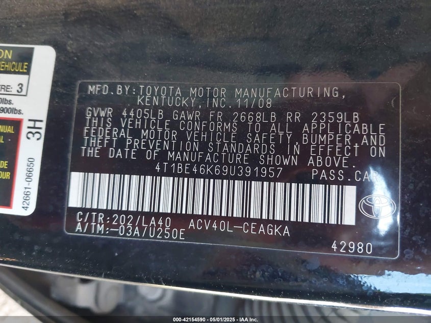 2009 TOYOTA CAMRY VIN: 4T1BE46K69U391957