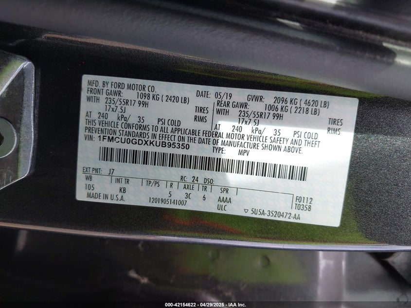 VIN 1FMCU0GDXKUB95350 2019 FORD ESCAPE SE
