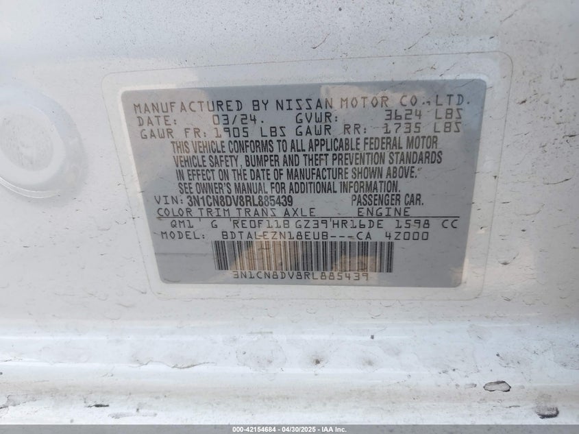 2024 NISSAN VERSA 1.6 S - 3N1CN8DV8RL885439