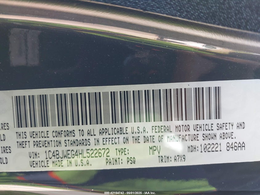 2017 JEEP WRANGLER UNLIMITED VIN: 1C4BJWEG4HL522672