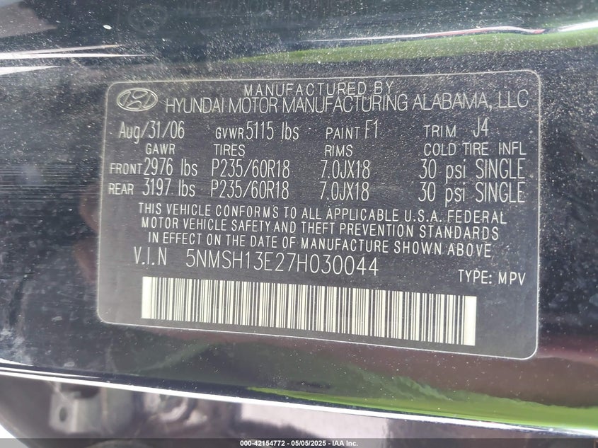 2007 HYUNDAI SANTA FE VIN: 5NMSH13E27H030044