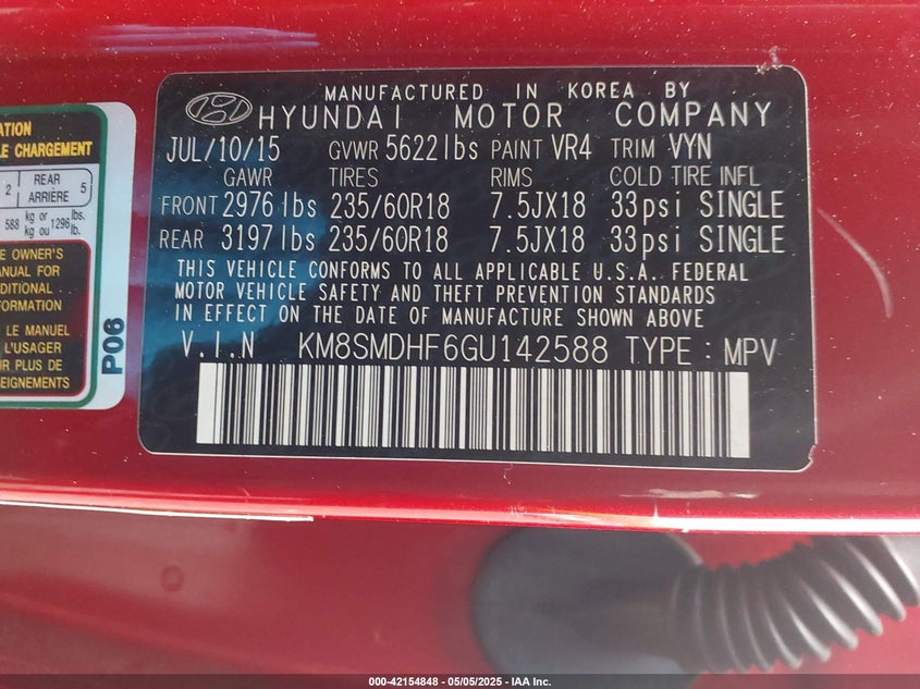 2016 HYUNDAI SANTA FE VIN: KM8SMDHF6GU142588