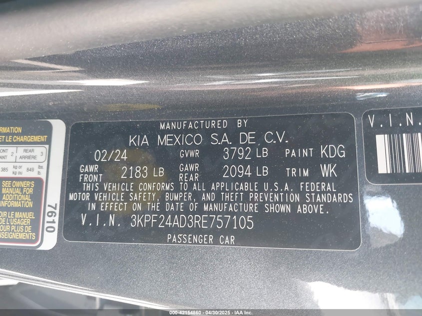 2024 KIA FORTE VIN: 3KPF24AD3RE757105