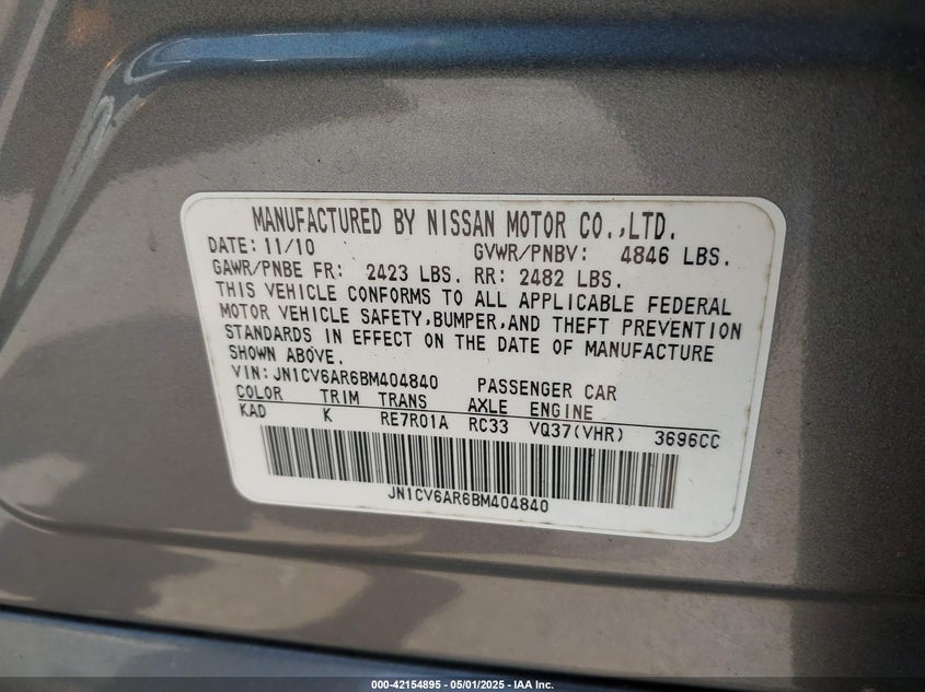 2011 INFINITI G37X VIN: JN1CV6AR6BM404840