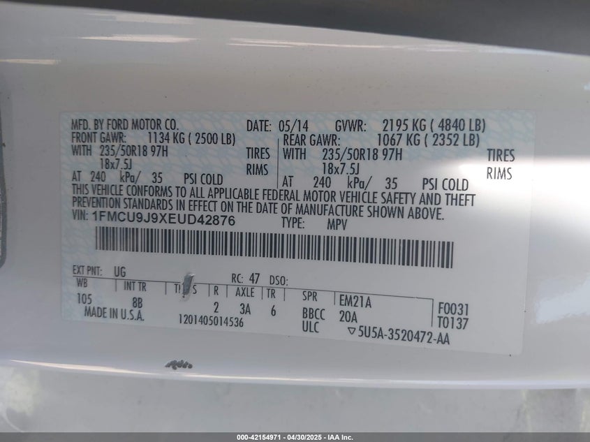 2014 FORD ESCAPE VIN: 1FMCU9J9XEUD42876