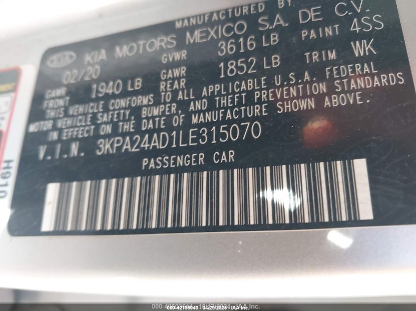 2020 Kia Rio S VIN: 3KPA24AD1LE315070 Lot: 42155040