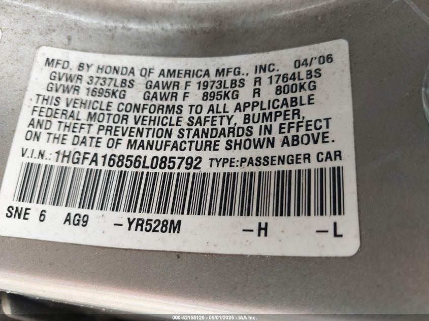 2006 Honda Civic Ex VIN: 1HGFA16856L085792 Lot: 42155125
