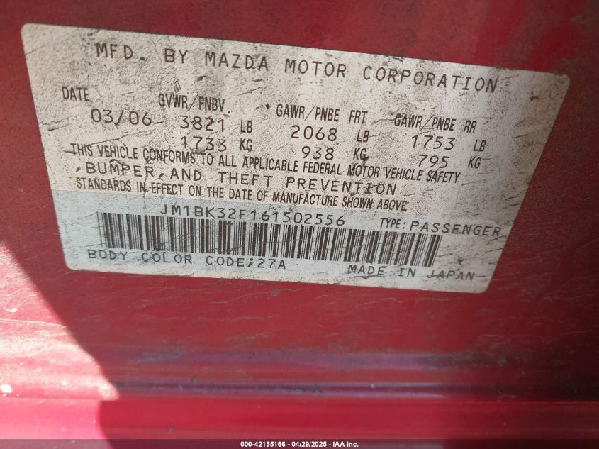 2006 Mazda Mazda3 I VIN: JM1BK32F161502556 Lot: 42155166