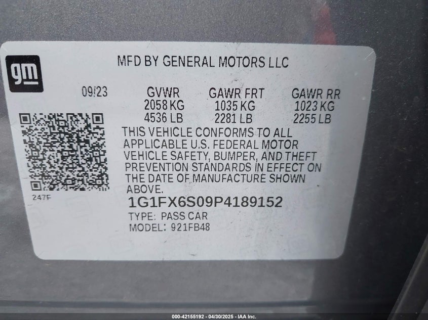 2023 CHEVROLET BOLT EV VIN: 1G1FX6S09P4189152