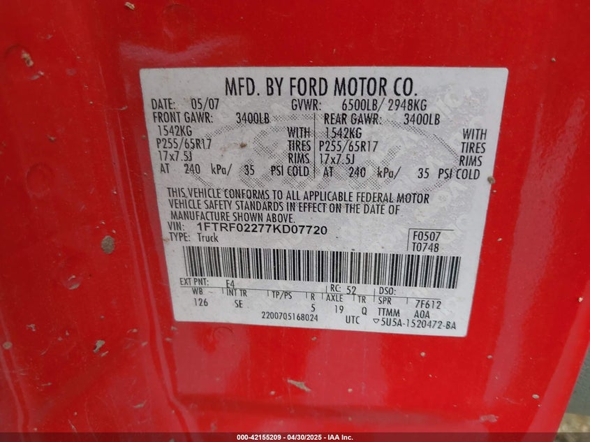 2007 FORD F-150 VIN: 1FTRF02277KD07720