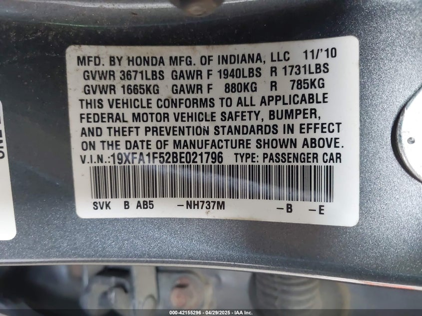 2011 HONDA CIVIC VIN: 19XFA1F52BE021796
