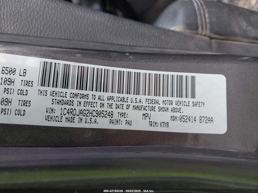 2017 DODGE DURANGO VIN: 1C4RDJAG2HC905248