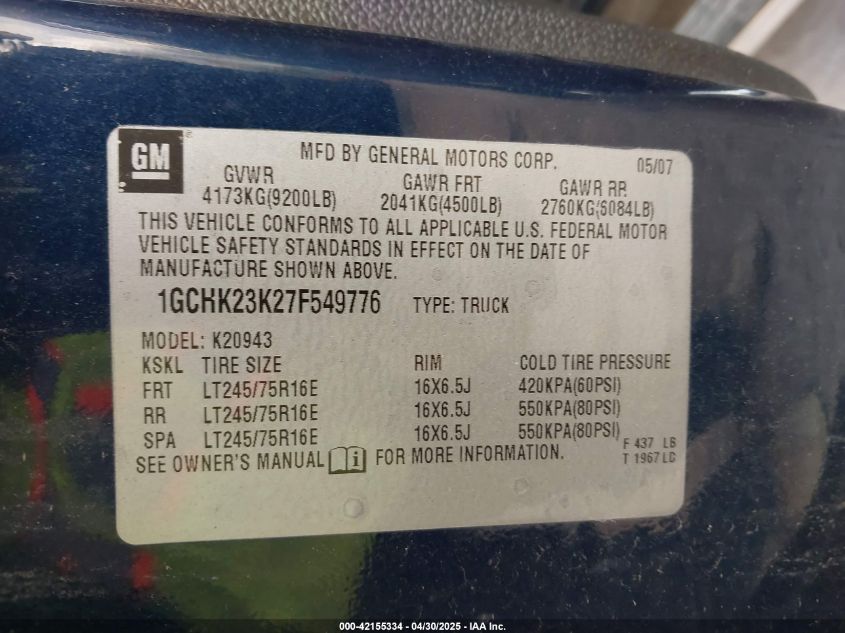 2007 Chevrolet Silverado 2500Hd Lt1 VIN: 1GCHK23K27F549776 Lot: 42155334