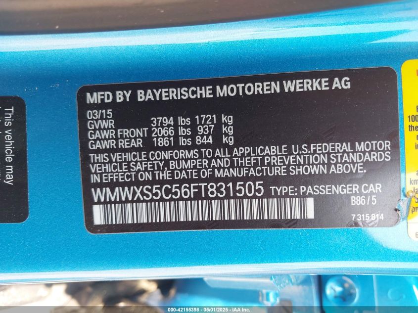 2015 Mini Cooper VIN: WMWXS5C51F1831505 Lot: 42155398