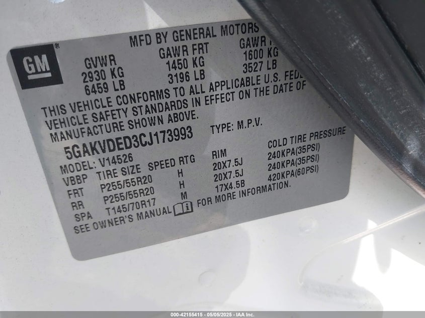 2012 BUICK ENCLAVE VIN: 5GAKVDED3CJ173993