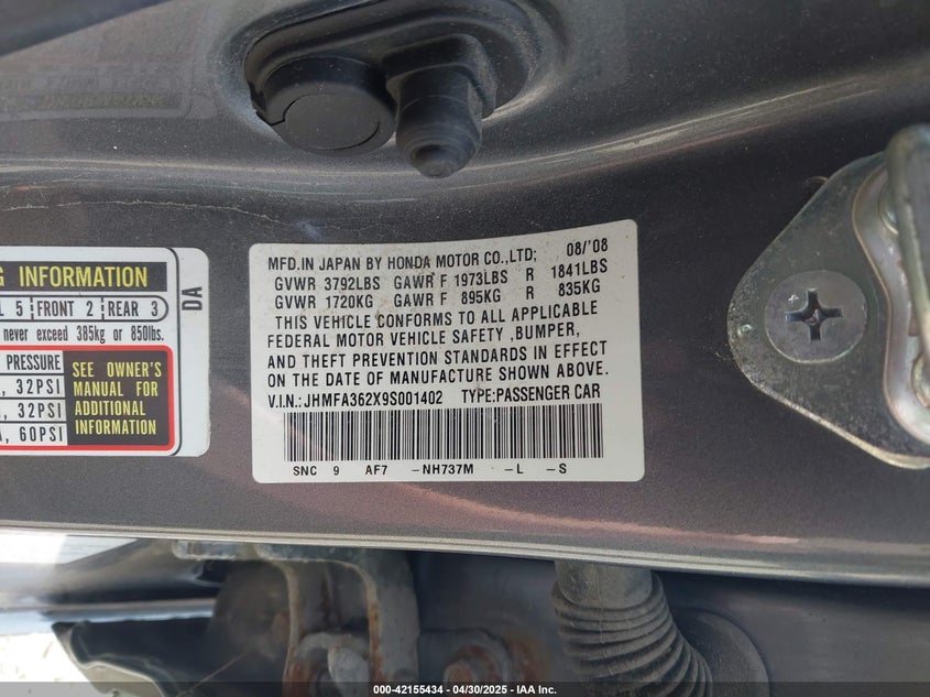 2009 HONDA CIVIC HYBRID VIN: JHMFA362X9S001402