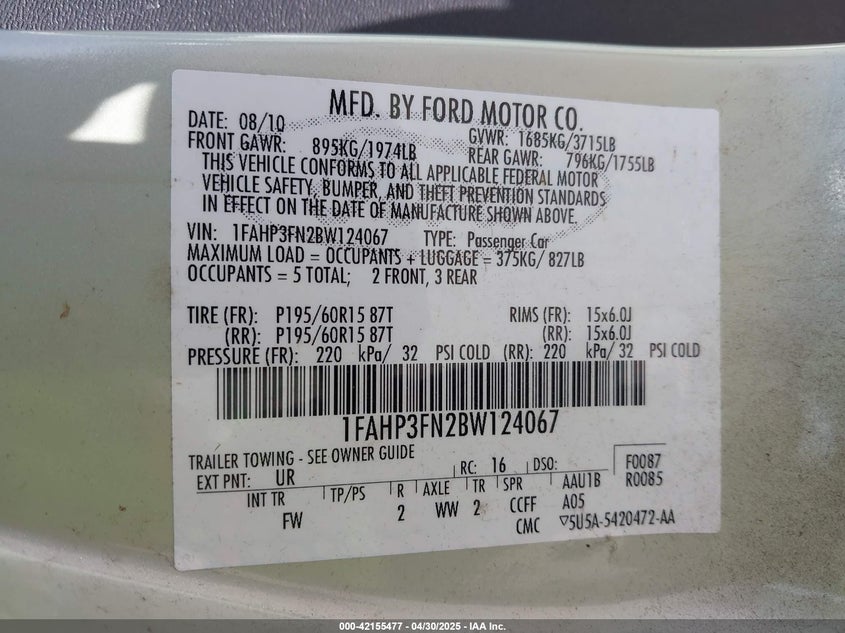 2011 FORD FOCUS VIN: 1FAHP3FN2BW124067