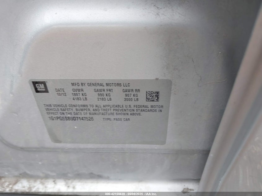 2013 CHEVROLET CRUZE VIN: 1G1PG5SB9D7147526