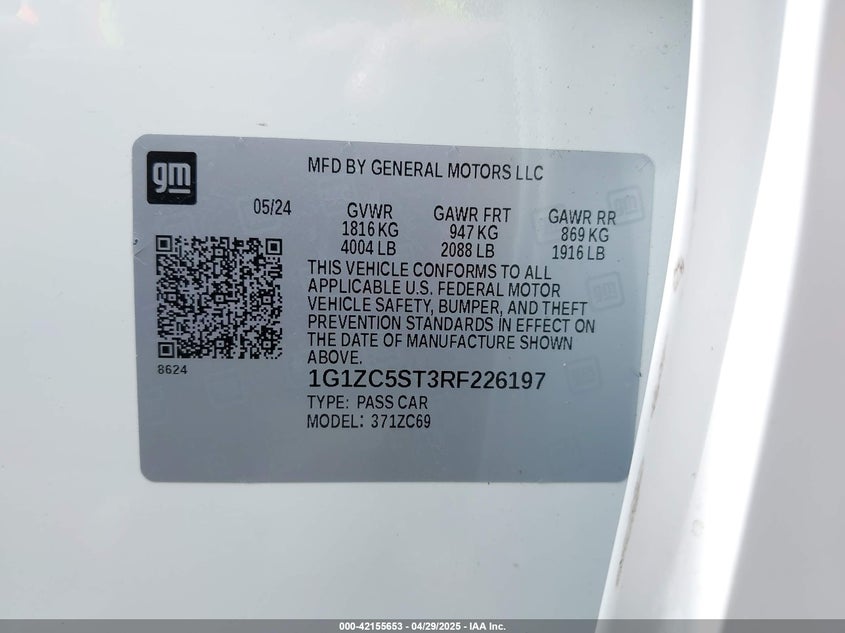 VIN 1G1ZC5ST3RF226197 2024 CHEVROLET MALIBU FWD 1FL