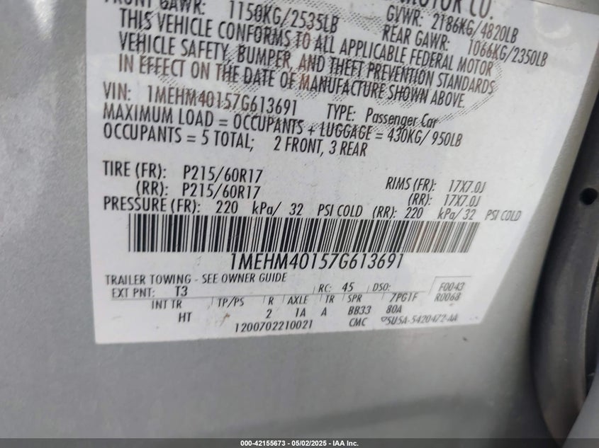 2007 MERCURY MONTEGO VIN: 1MEHM40157G613691