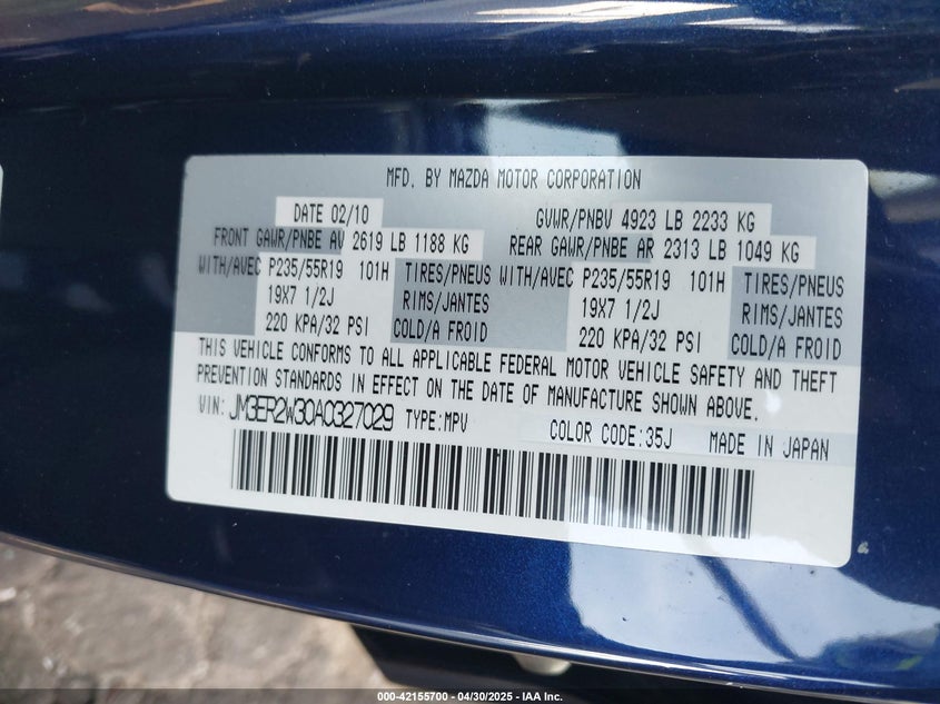 2010 MAZDA CX-7 VIN: JM3ER2W30A0327029