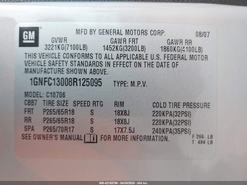 2008 CHEVROLET TAHOE VIN: 1GNFC13008R125095