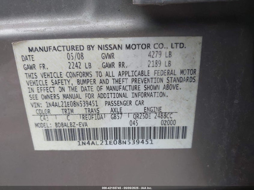 2008 NISSAN ALTIMA VIN: 1N4AL21E08N539451