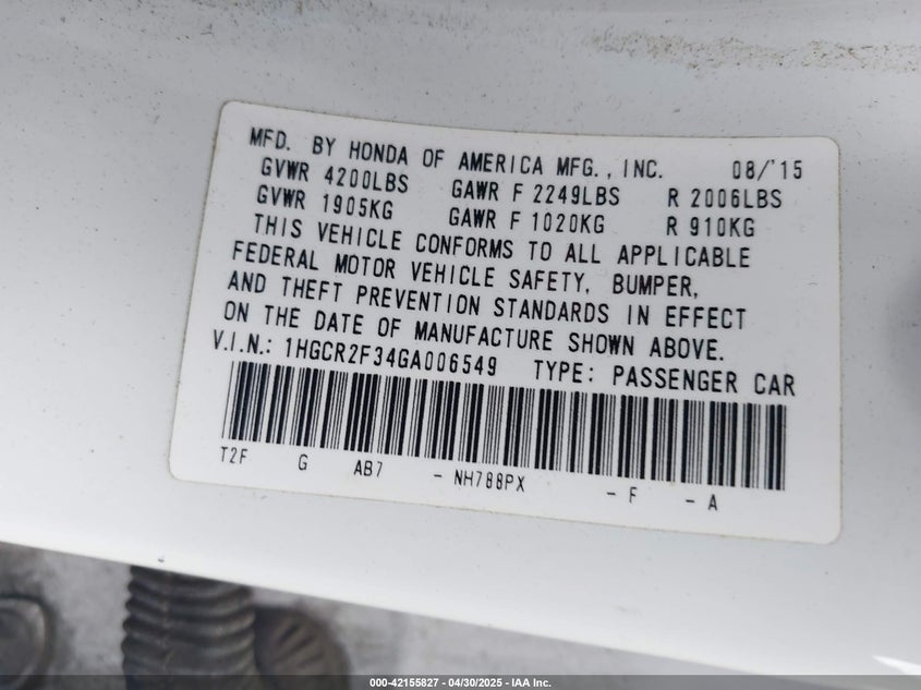 2016 HONDA ACCORD VIN: 1HGCR2F34GA006549