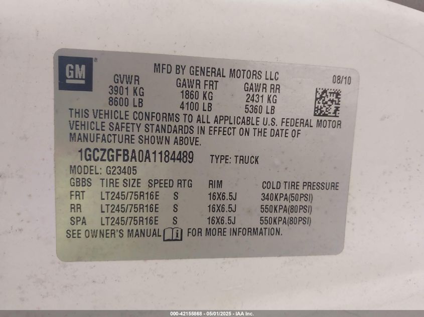 2010 Chevrolet Express 2500 Work Van VIN: 1GCZGFBA0A1184489 Lot: 42155868