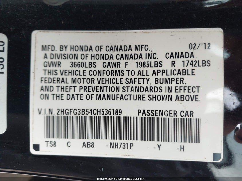 2012 HONDA CIVIC VIN: 2HGFG3B54CH536189