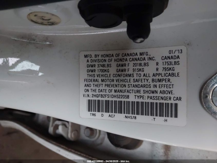 2013 Honda Civic Lx VIN: 19XFB2F58DE216906 Lot: 42155993