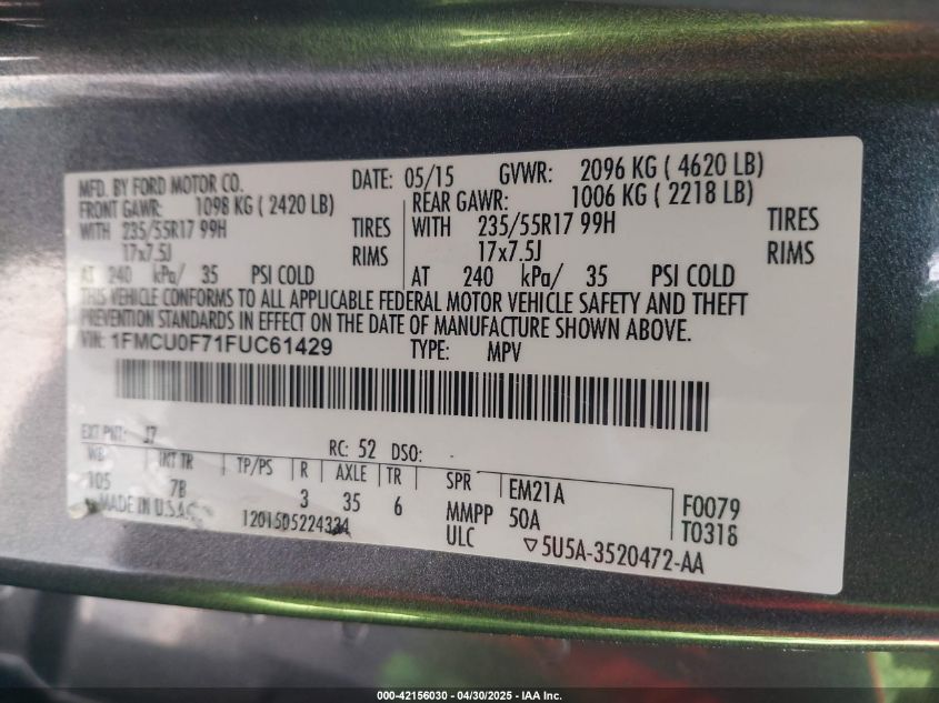 2015 Ford Escape S VIN: 1FMCU0F71FUC61429 Lot: 42156030