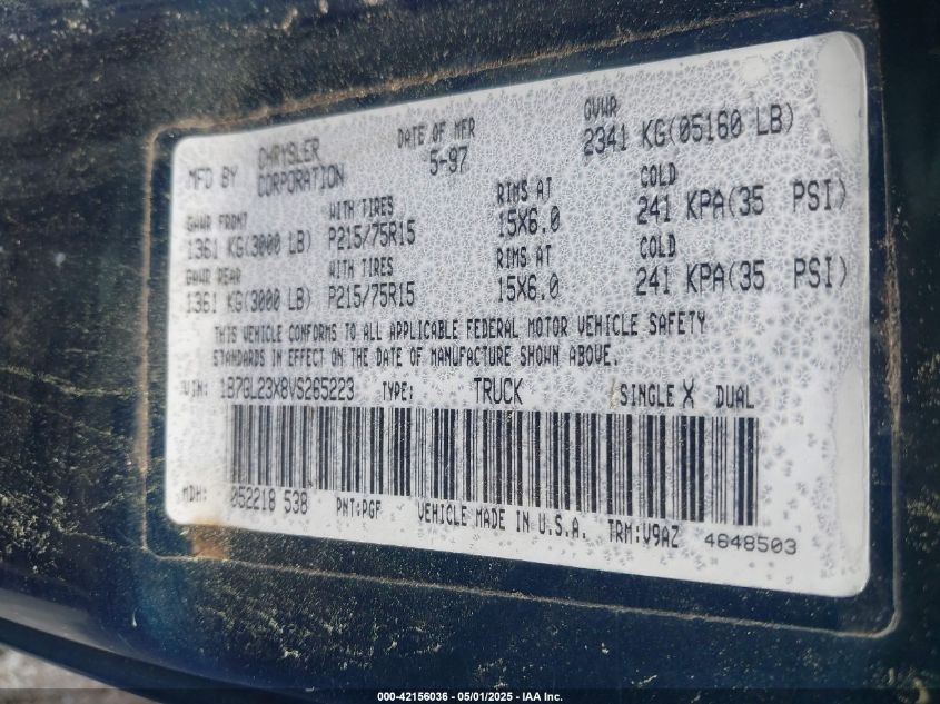 1997 Dodge Dakota Slt/Sport VIN: 1B7GL23X8VS265223 Lot: 42156036