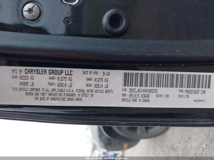 2010 DODGE CHALLENGER VIN: 2B3CJ4DV4AH305331