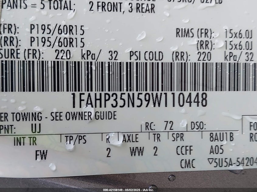 2009 FORD FOCUS VIN: 1FAHP35N59W110448