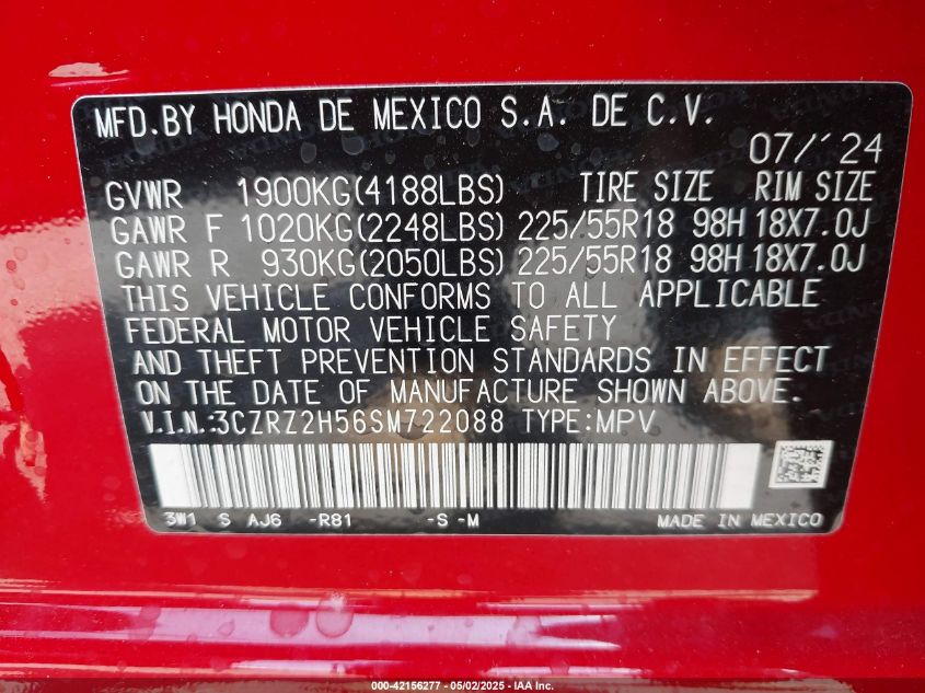 2025 Honda Hr-V Awd Sport VIN: 3CZRZ2H56SM722088 Lot: 42156277