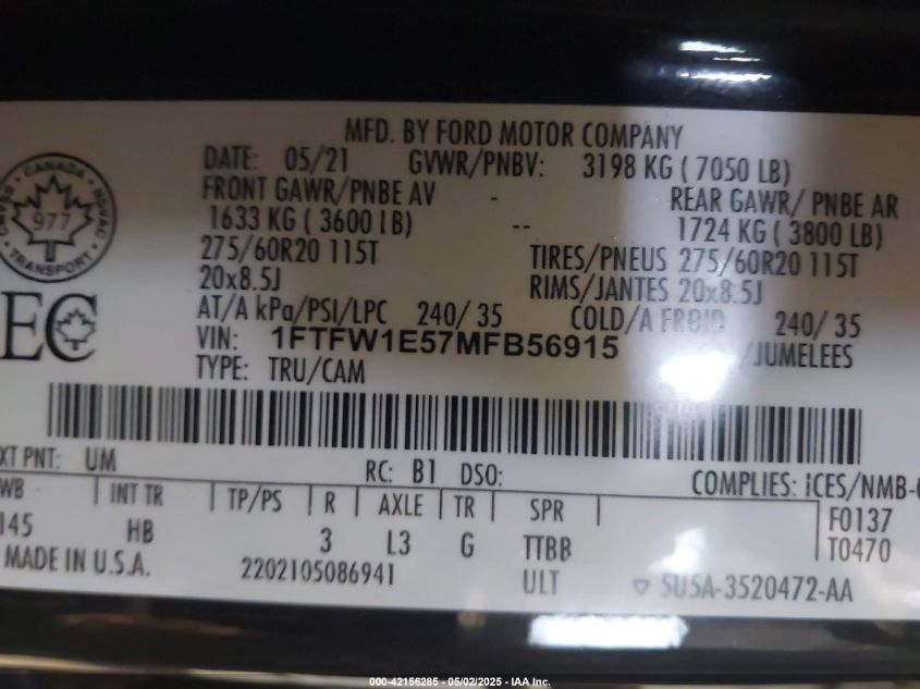 2021 Ford F-150 Lariat VIN: 1FTFW1E57MFB56915 Lot: 42156285