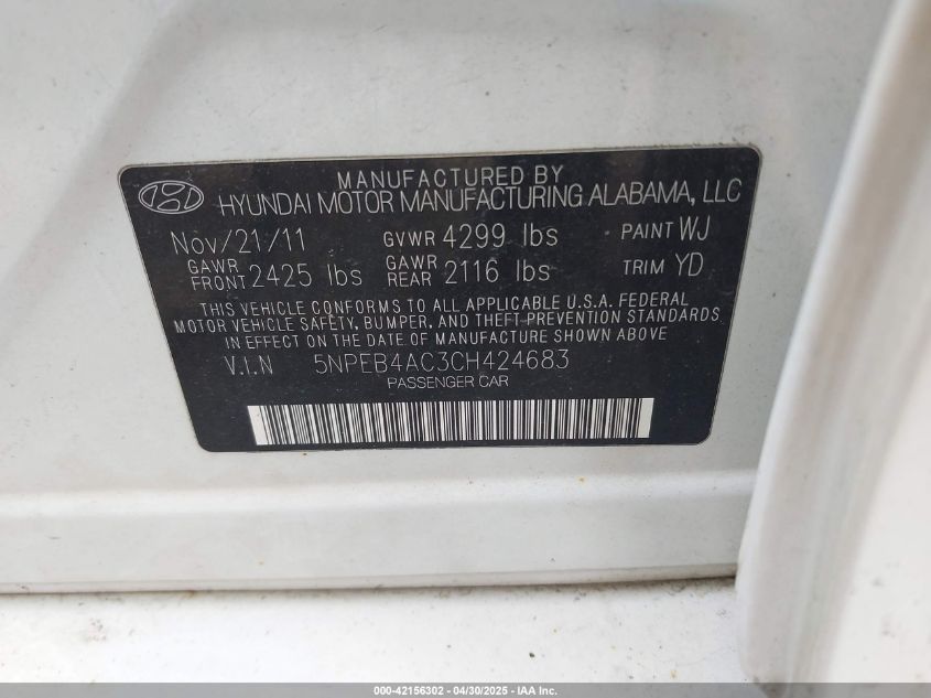 2012 Hyundai Sonata Gls VIN: 5NPEB4AC3CH424683 Lot: 42156302