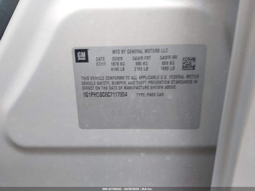 2012 CHEVROLET CRUZE VIN: 1G1PH5SC6C7117954