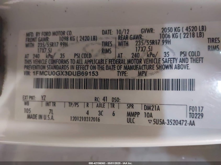 2013 FORD ESCAPE VIN: 1FMCU0GX3DUB69153
