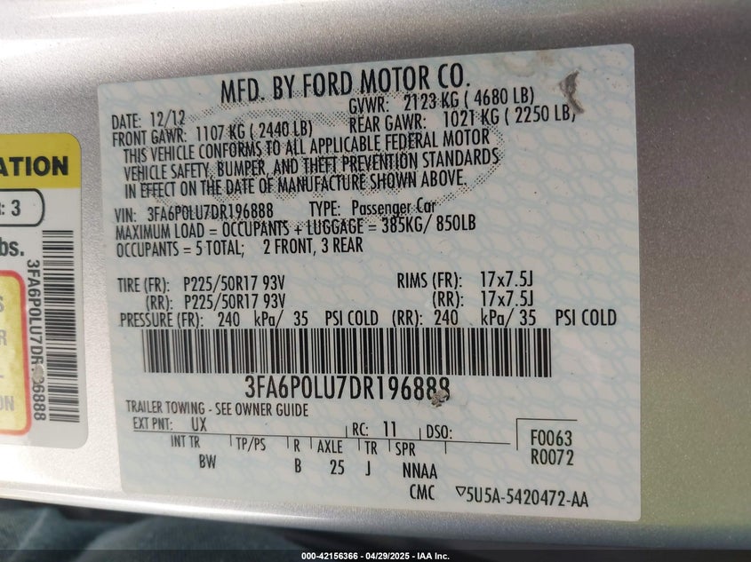 2013 FORD FUSION HYBRID VIN: 3FA6P0LU7DR196888