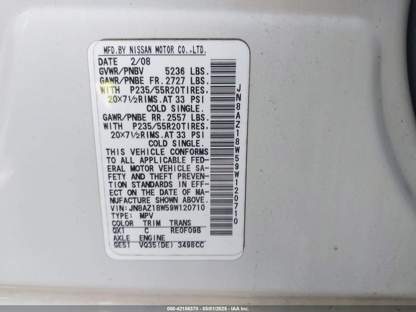 2009 NISSAN MURANO VIN: JN8AZ18W59W120710