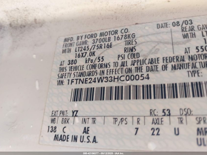2003 Ford E-250 Commercial/Recreational VIN: 1FTNE24W33HC00054 Lot: 42156377