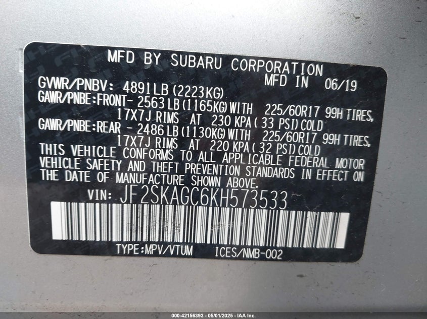 2019 SUBARU FORESTER PREMIUM - JF2SKAGC6KH573533