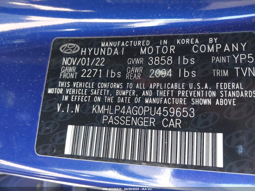 2023 HYUNDAI ELANTRA VIN: KMHLP4AG0PU459653
