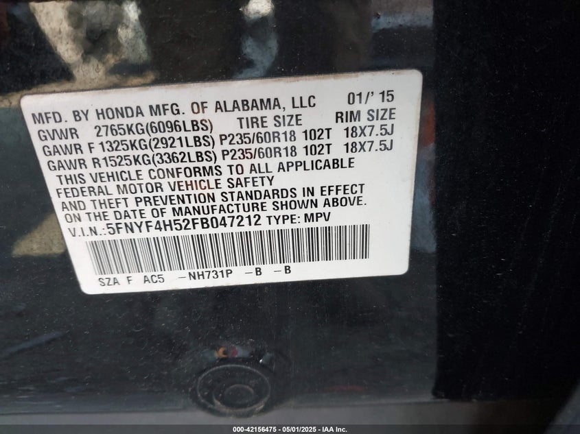 2015 HONDA PILOT EXL - 5FNYF4H52FB047212