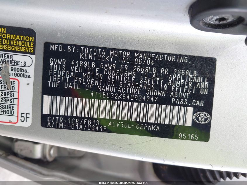 2004 Toyota Camry Le VIN: 4T1BE32K64U934247 Lot: 42156565